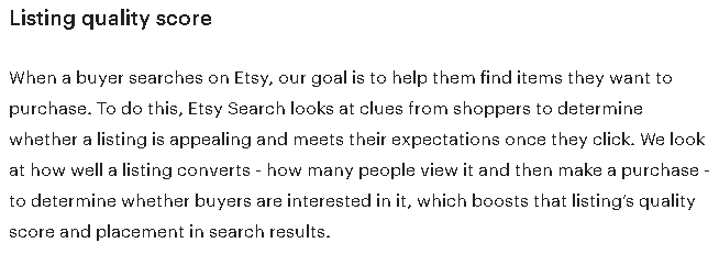 Image from the etsy handbook explaining the importance of listing conversions when deciding listing rank