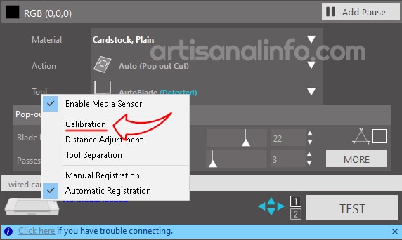 showing how to get to the calibration menu in silhouette studio