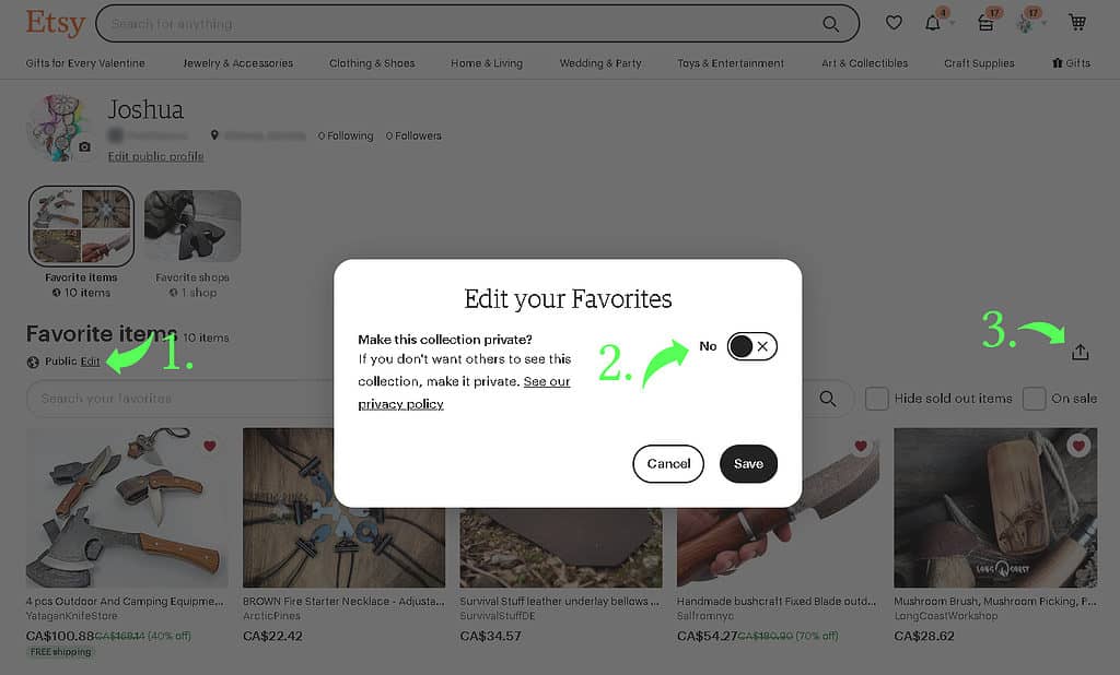 infographic showing how to share favorites on etsy desktop site