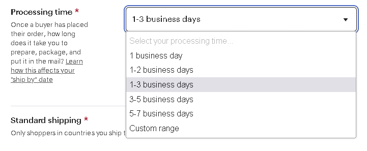 an image showing the order processing time options for etsy sellers