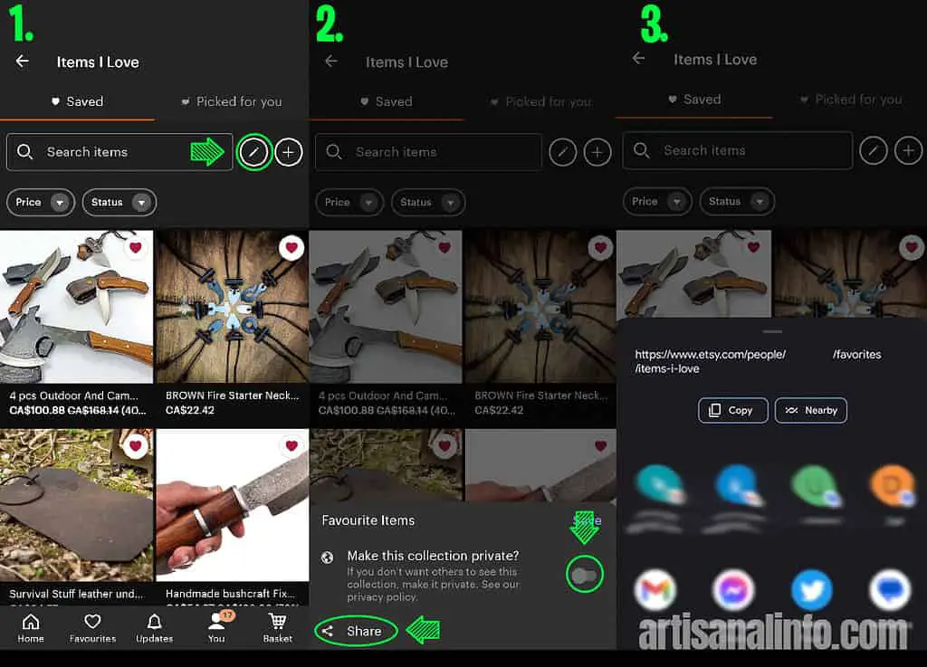 infographic showing how to share favorites on etsy mobile app